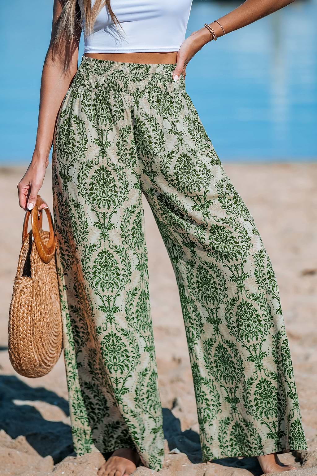 Green Damask Wide Leg Pants