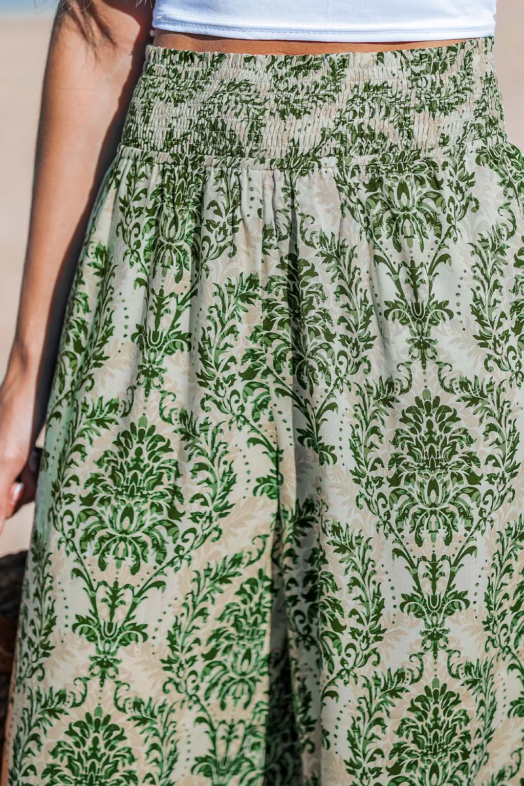 Green Damask Wide Leg Pants