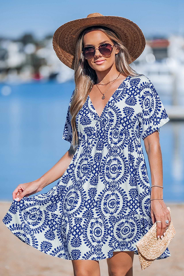 Blue Ornate Short Sleeve V-Neck Mini Dress