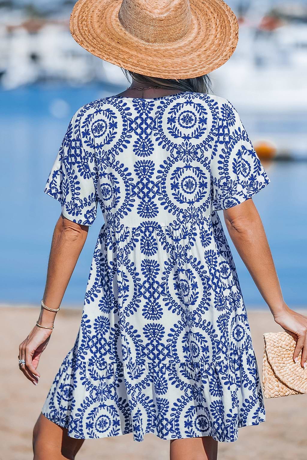 Blue Ornate Short Sleeve V-Neck Mini Dress