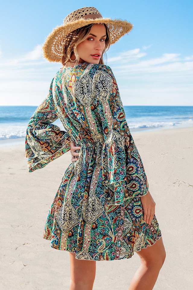 Boho V-Neck Bell Sleeve Mini Dress | Vintage-Inspired Charm | Cupshe