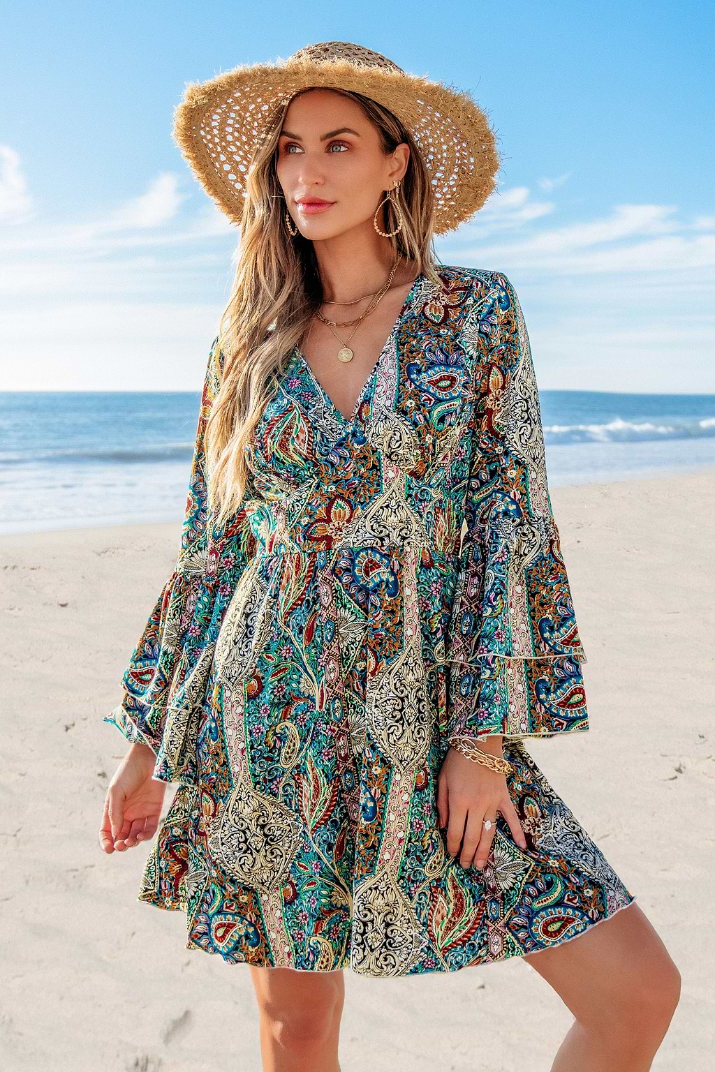 Boho V-Neck Bell Sleeve Mini Dress