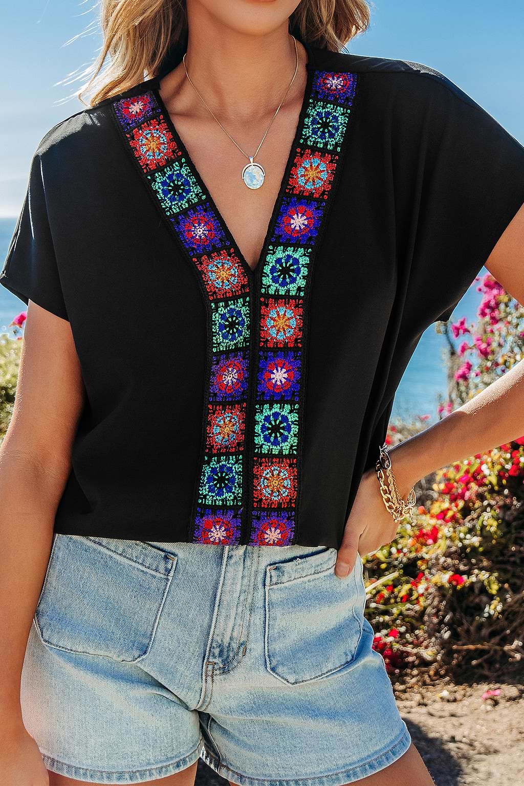 Black Embroidered Dolman Sleeve Top