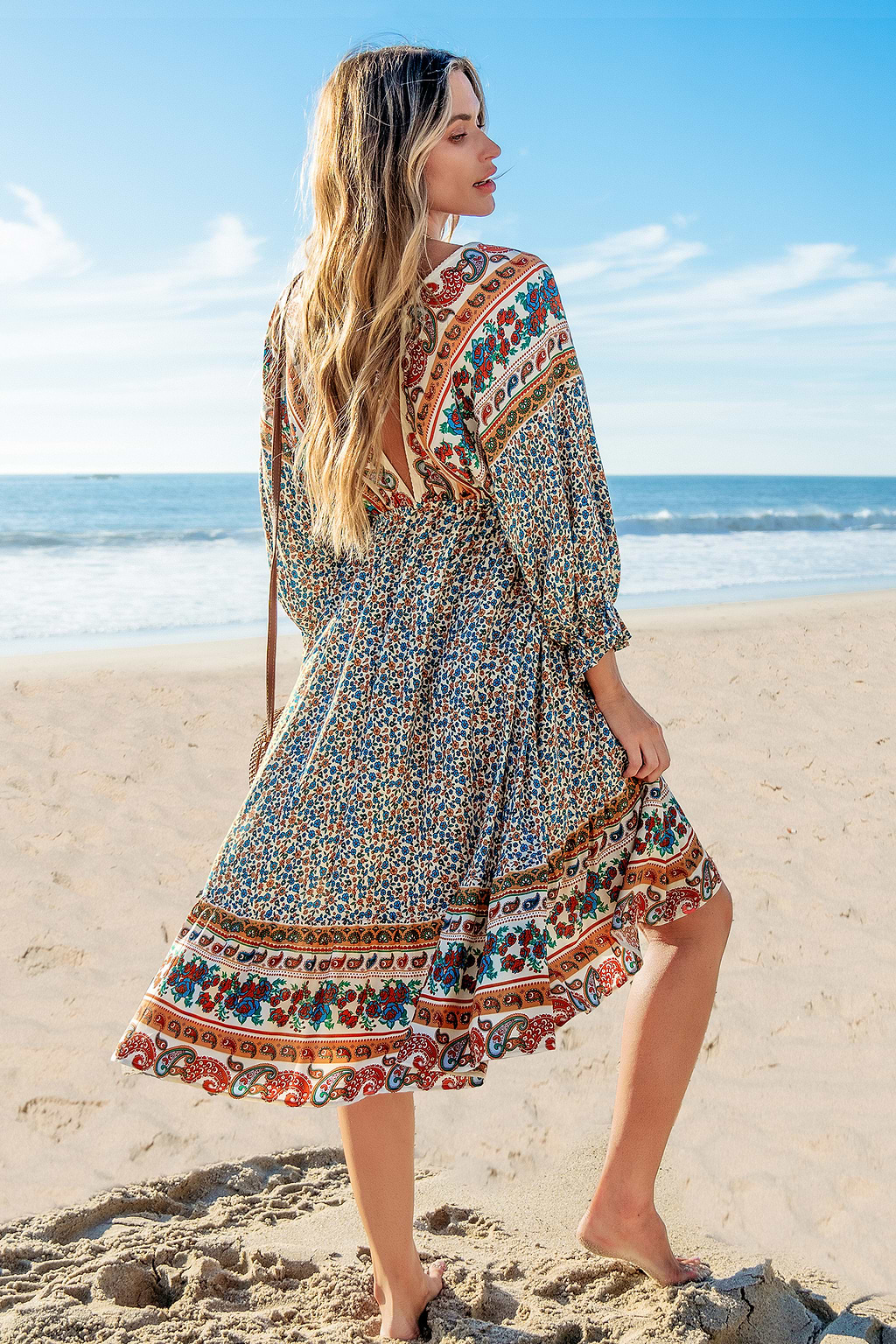 Boho V-Neck Half Sleeve Midi Dress