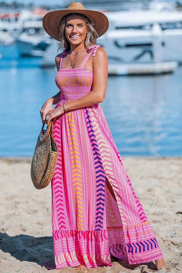 pink and grey striped maxi dress Red Dress | Pink Stripe Cotton Floral Hem Halter Maxi Dress main image 1
