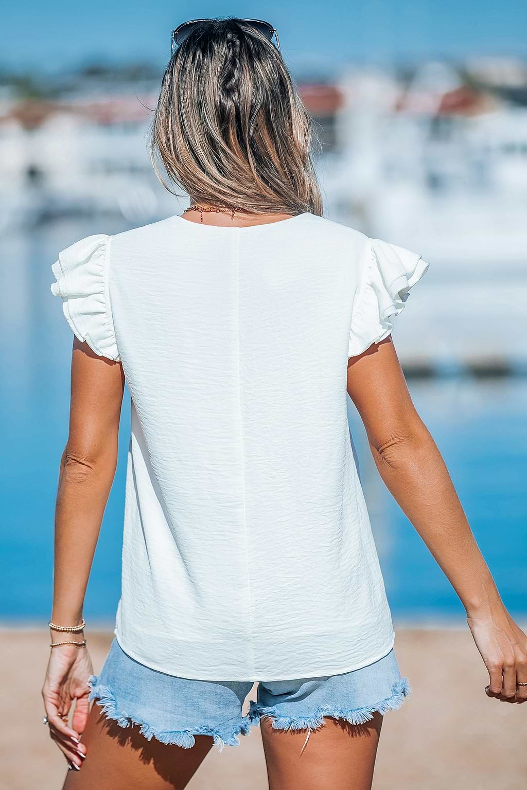 Woven V-Neck Tiered Flutter Sleeve Top