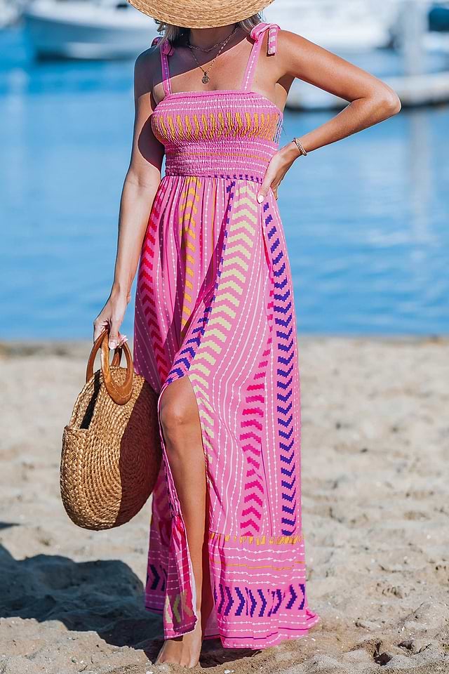 Pink Chevron Striped Self-Tie Strap Maxi Dress Pink Chevron Striped Self-Tie Strap Maxi Dress