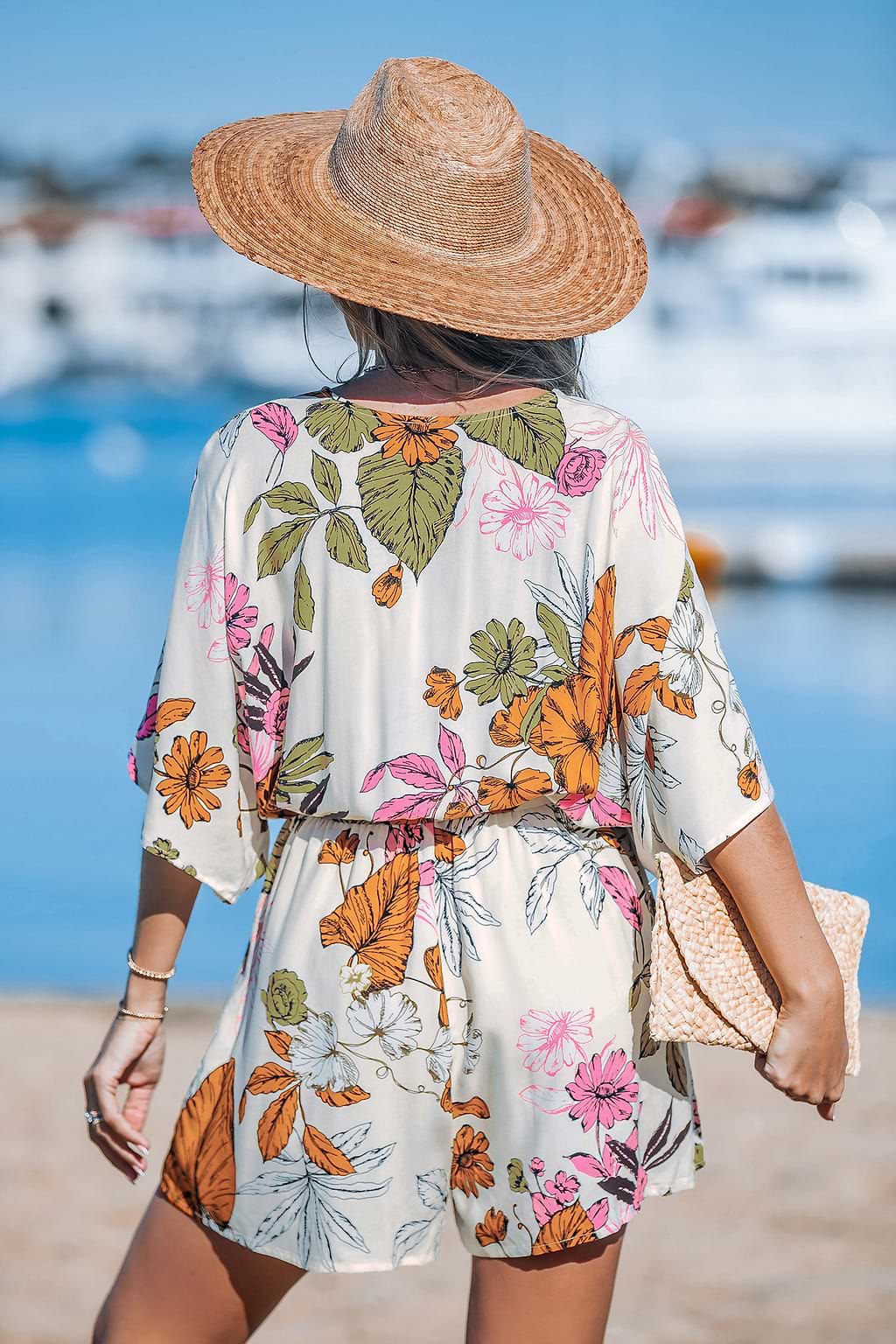 Orange Floral Half Sleeve Straight Leg Romper