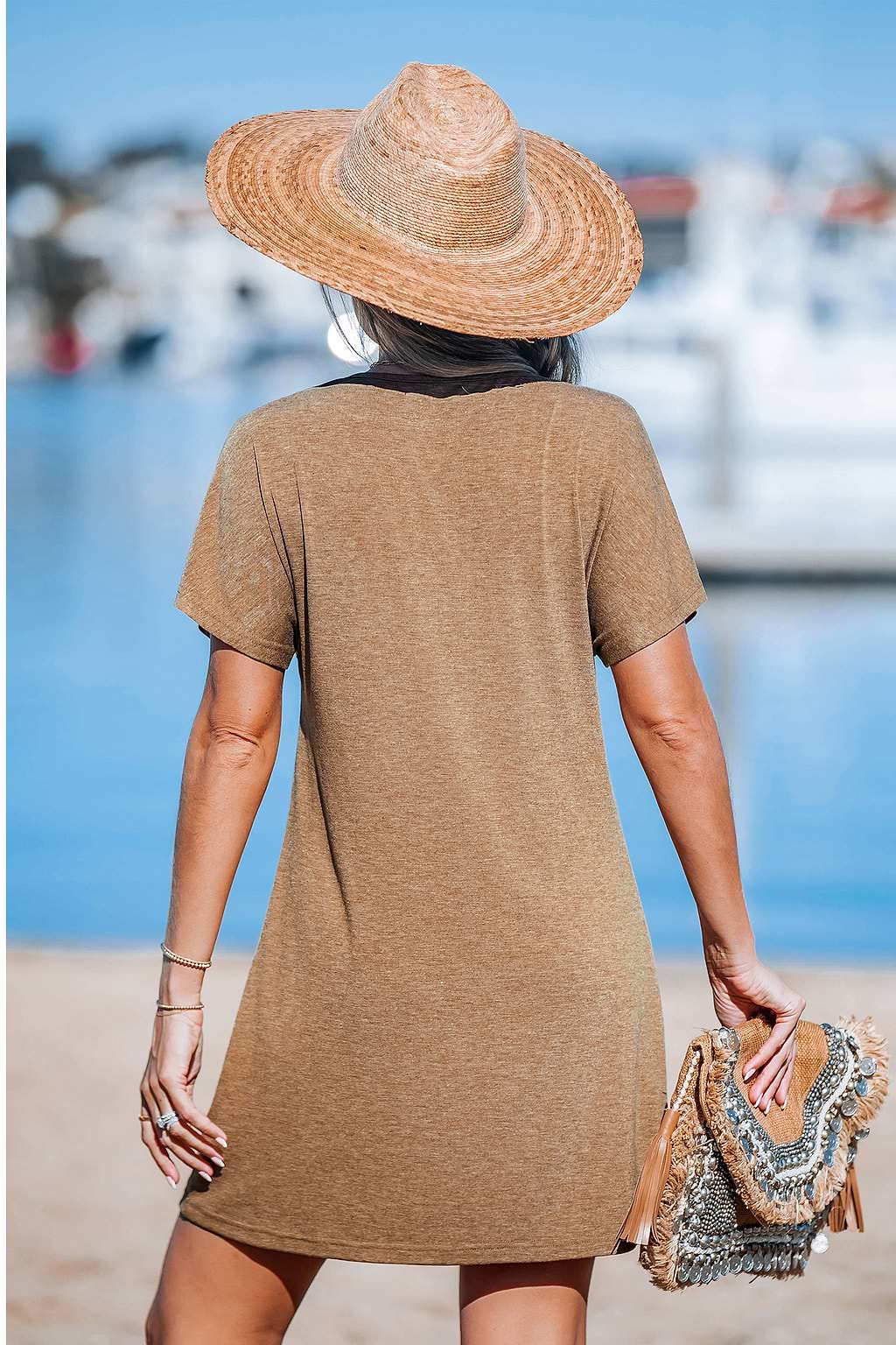 Neutral Short Sleeve V-Neck Mini Dress