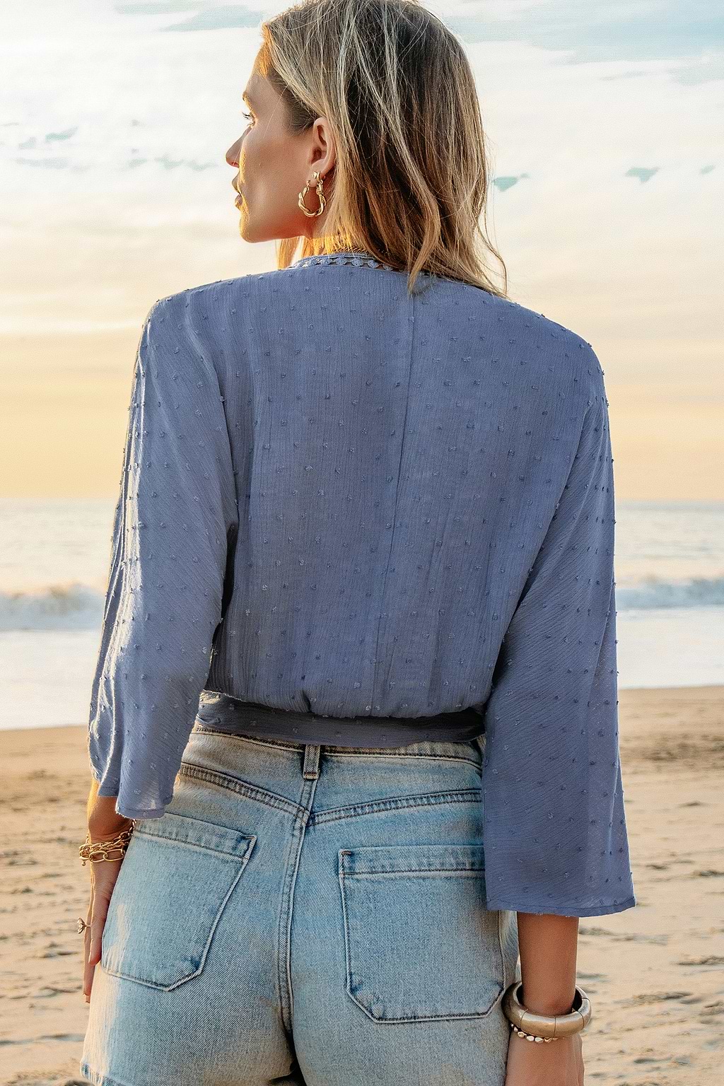 Blue Surplice Tie Waist Cropped Blouse