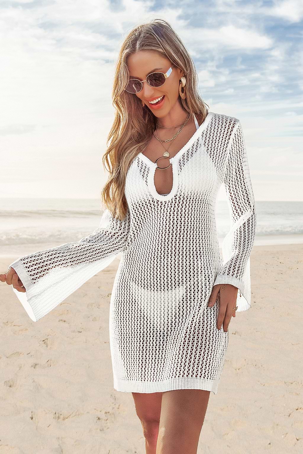 White Crochet Flared Sleeve Mini Cover-Up