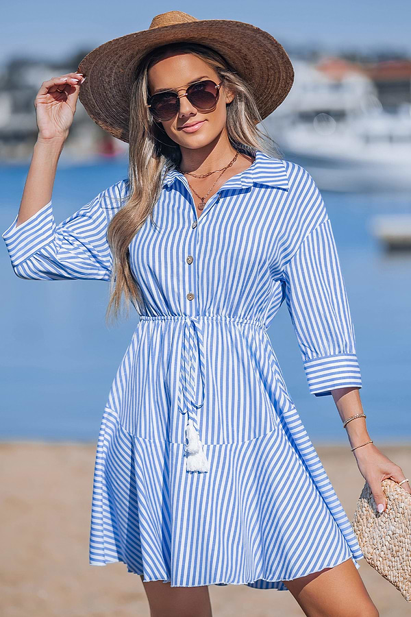 blue and white striped dress shirt and tie Blue and White Candy Stripe Shirt with T&A Collar and 3-Button Cuffs