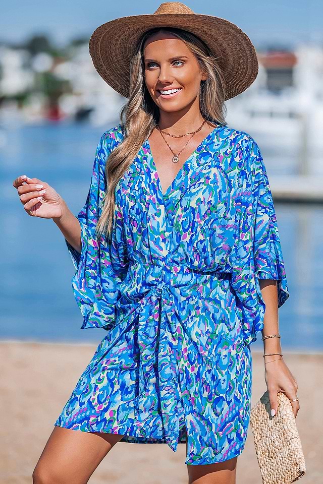 Blue Abstract Dolman Sleeve Mini Dress