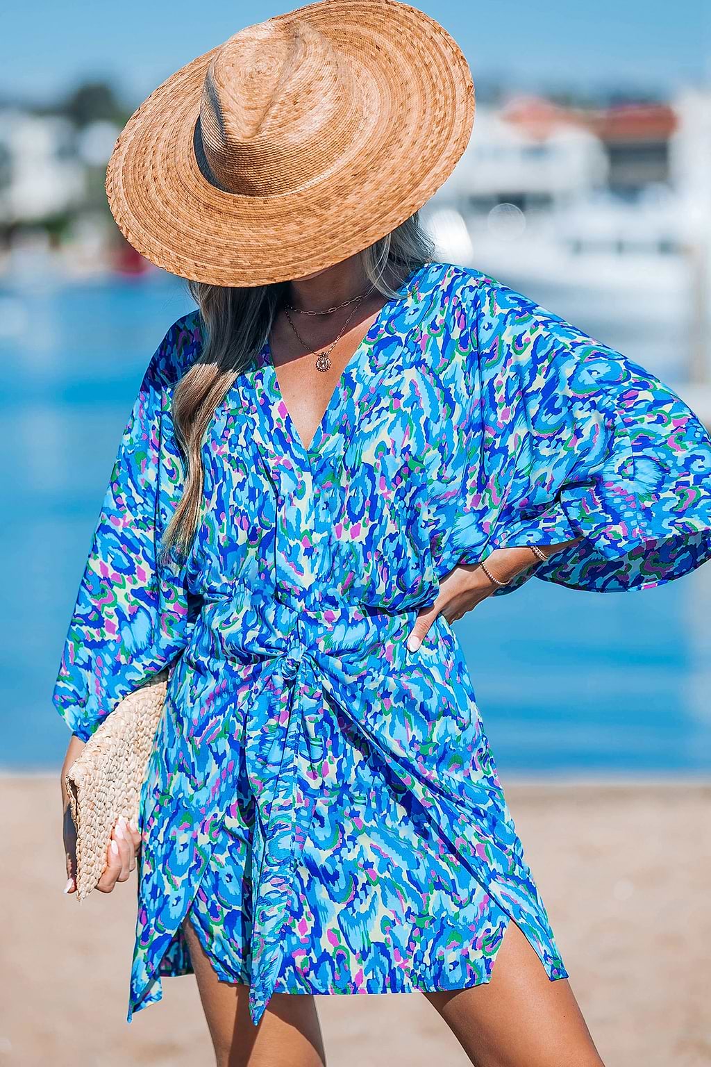 Blue Abstract Dolman Sleeve Mini Dress
