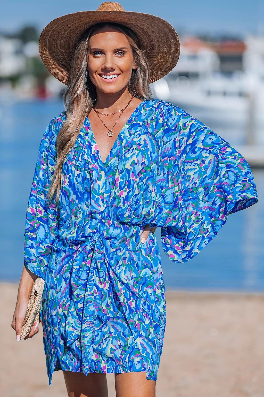 Blue Abstract Dolman Sleeve Mini Dress