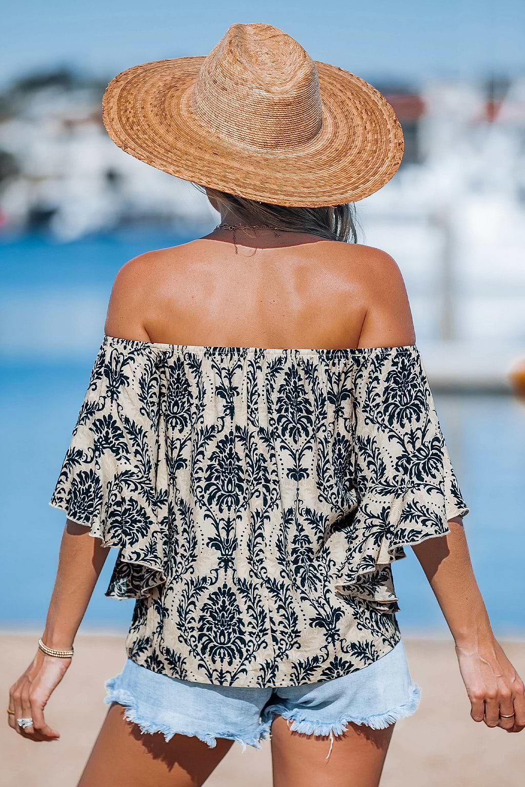 Blue Bohemia Off-Shoulder Flared Sleeve Blouse