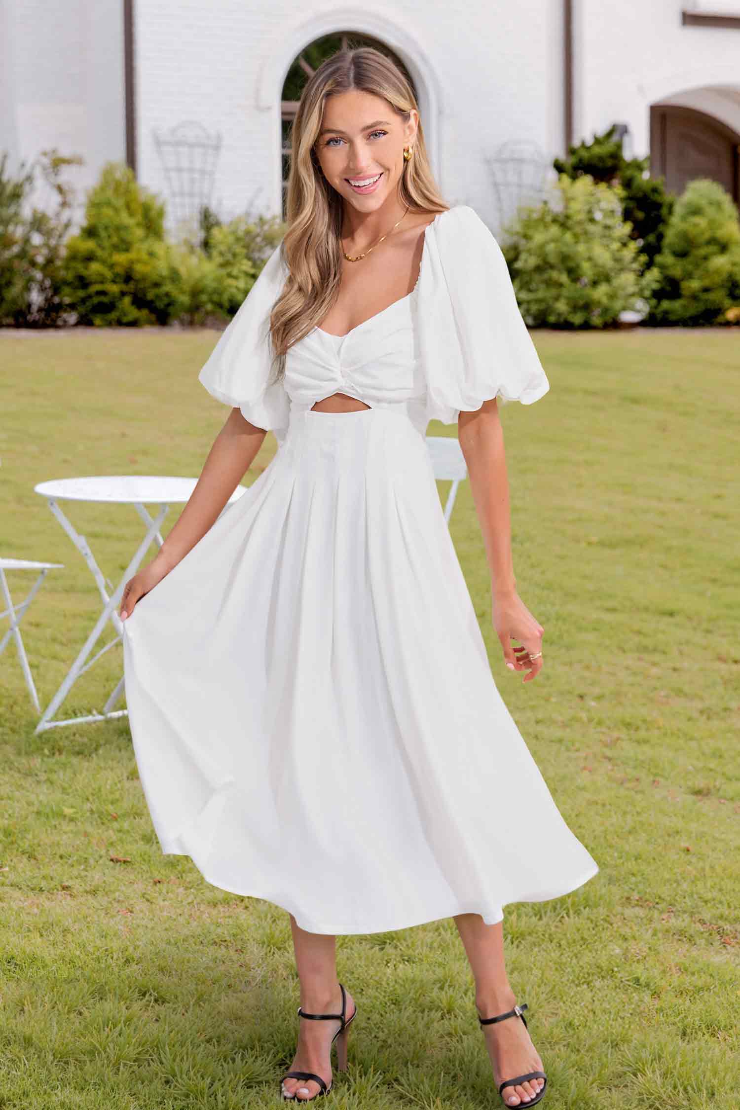 White Puff Sleeve Cutout Midi Dress