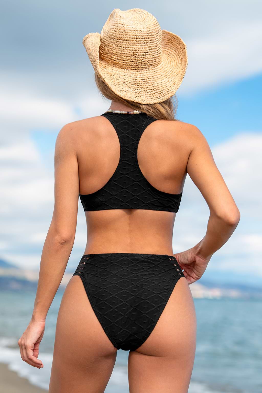Black V-Neck Bikini Top & Standard Coverage Bottoms Set