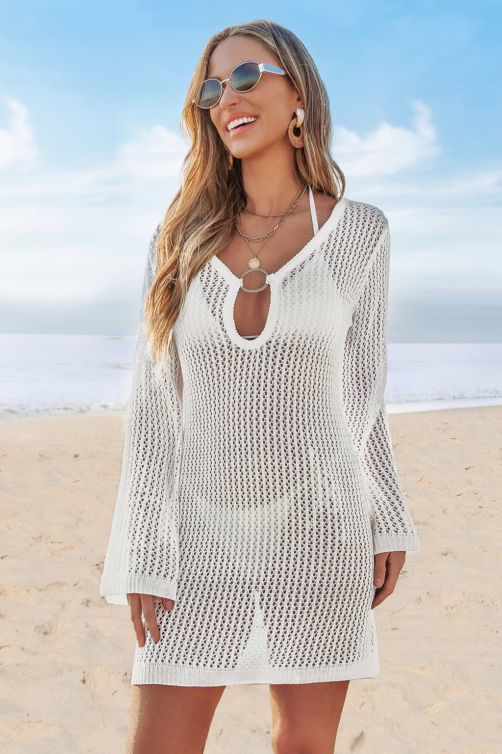 White Crochet Flared Sleeve Mini Cover-Up