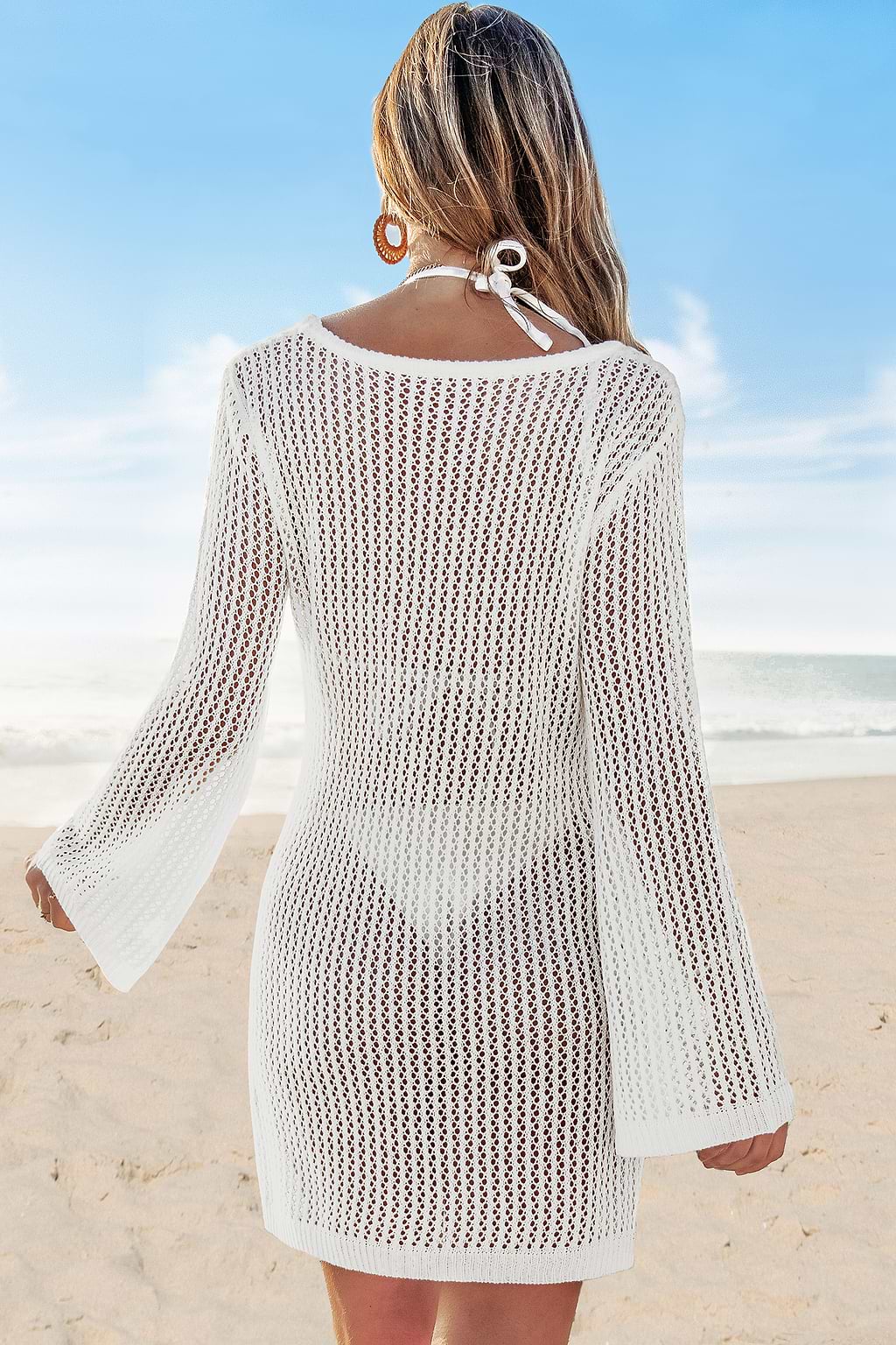 White Crochet Flared Sleeve Mini Cover-Up