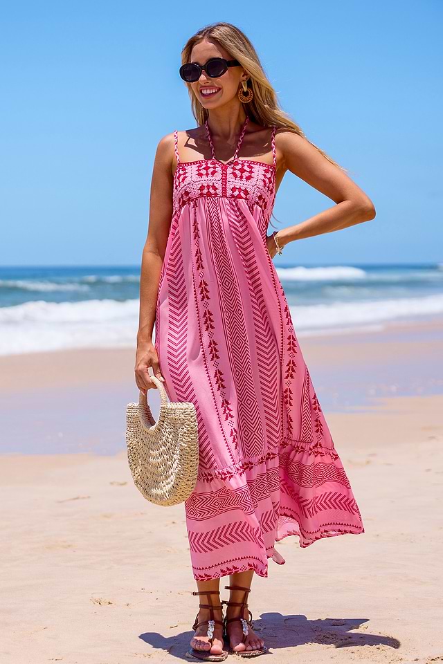 Boho Maxi Beach Dress Pink Tropical Blush Maxi Dress Coral Pink