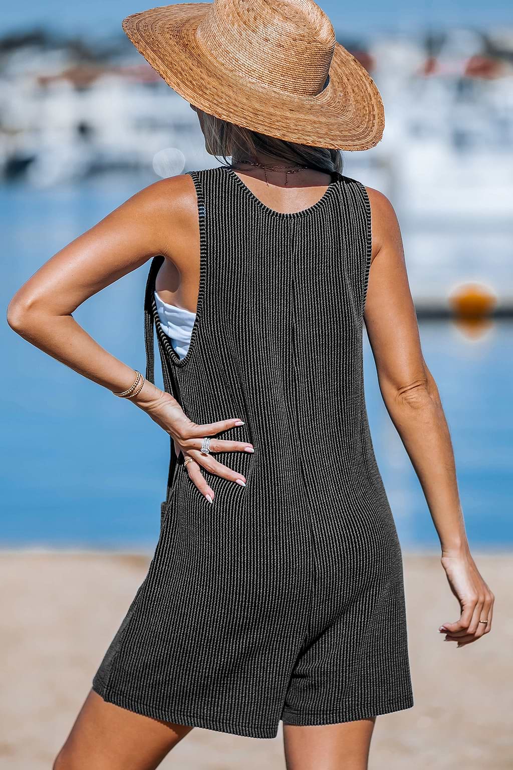 Grey Ribbed Knotted Strap Straight Leg Romper