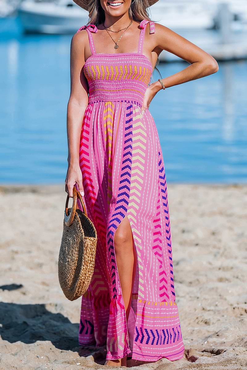 Pink Chevron Striped Self-Tie Strap Maxi Dress