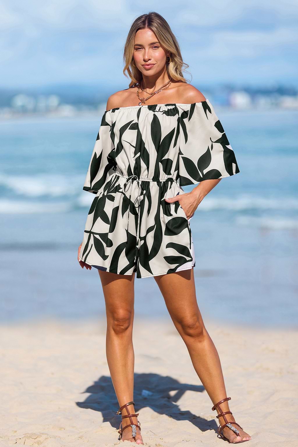 Black & White Tropical Off-Shoulder Wide Leg Romper