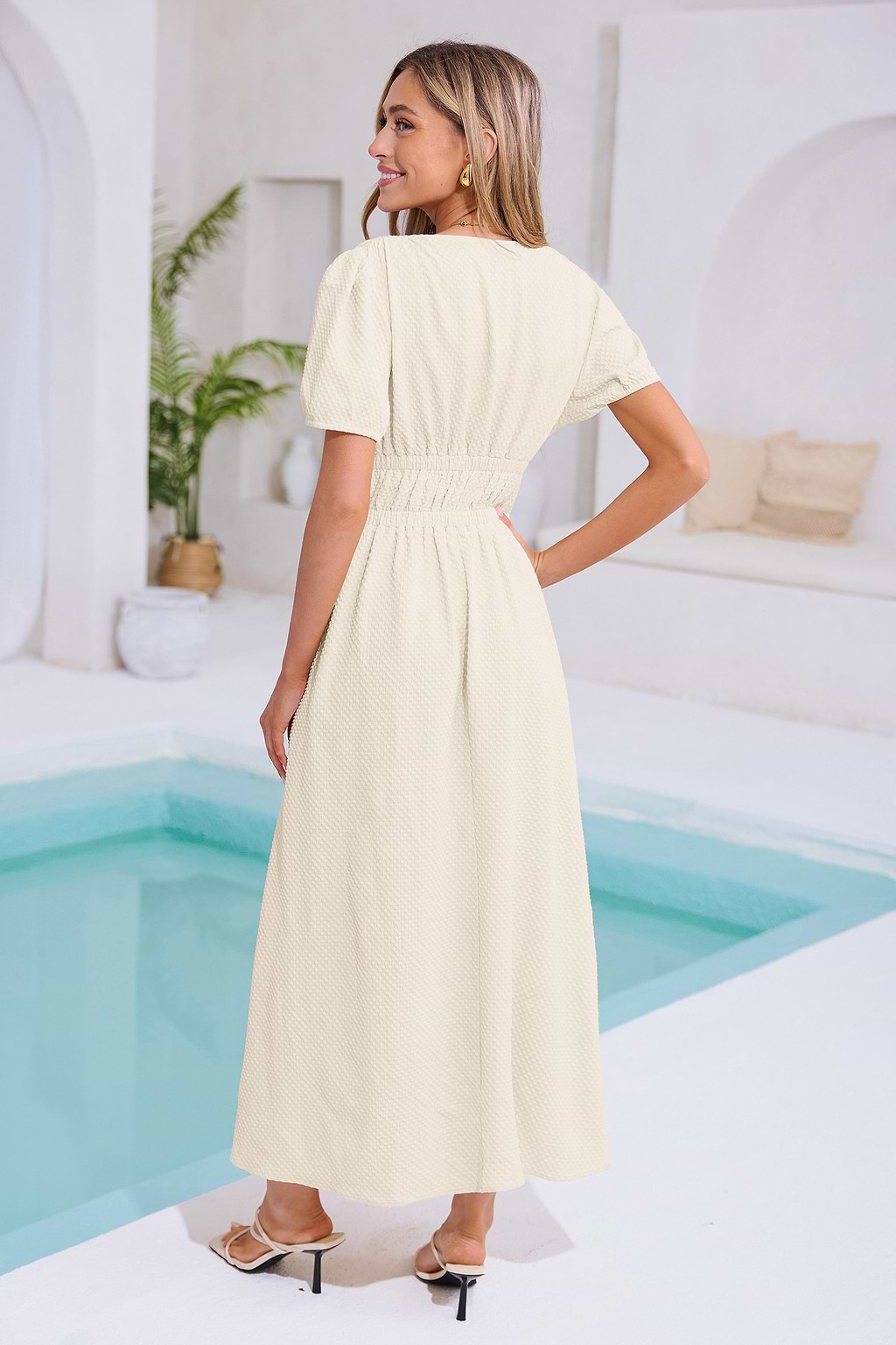 Romantic Soft Yellow Plunging Puff Sleeve Maxi Dress