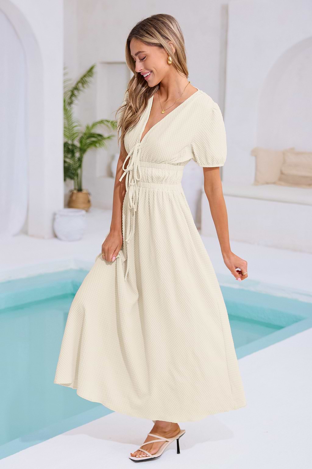 Romantic Soft Yellow Plunging Puff Sleeve Maxi Dress