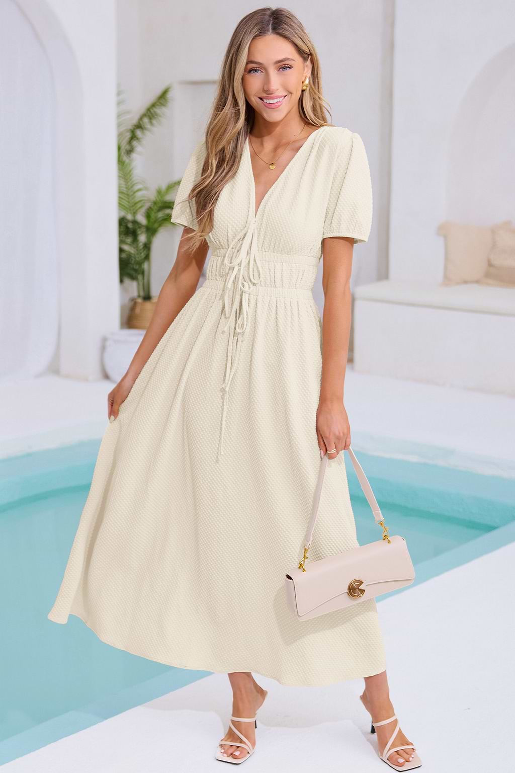 Romantic Soft Yellow Plunging Puff Sleeve Maxi Dress
