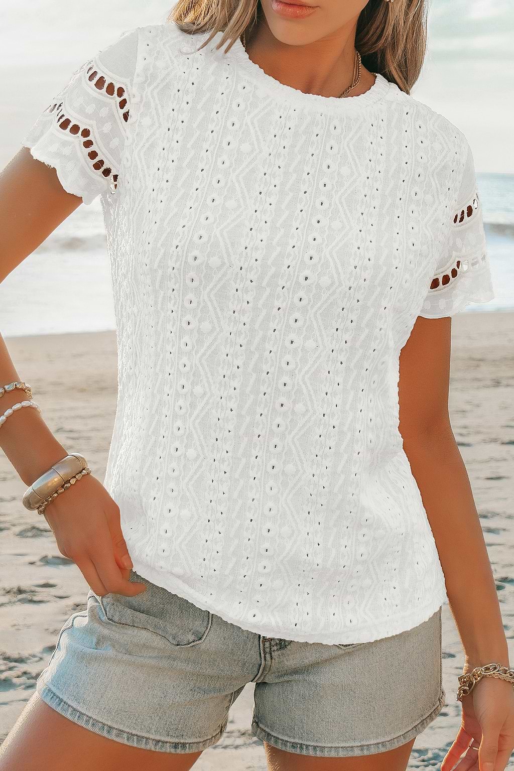 White Eyelet Short Sleeve Tee