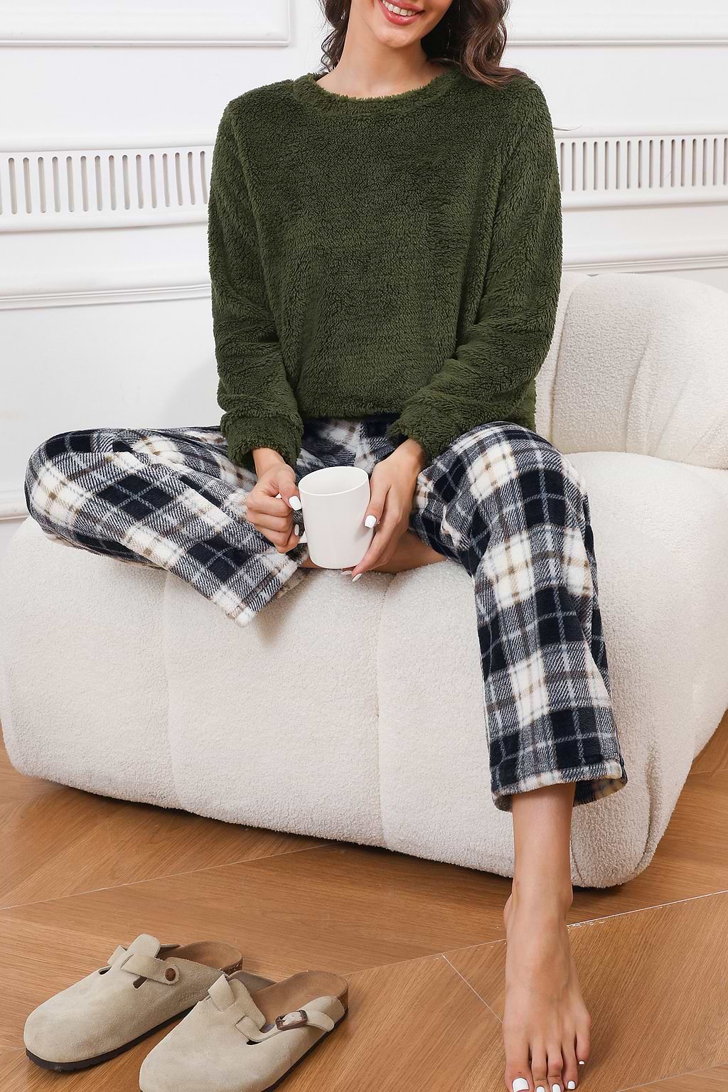 Green Fuzzy Knit Sweater & Plaid Pants Pajama Set