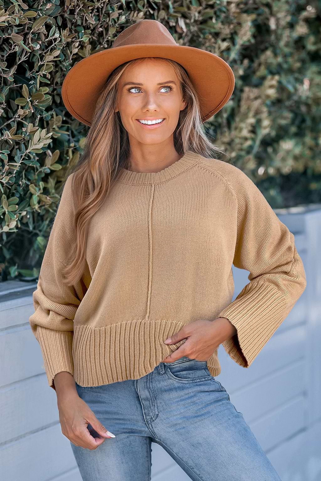 Camel Round Neck Long Sleeve Sweater