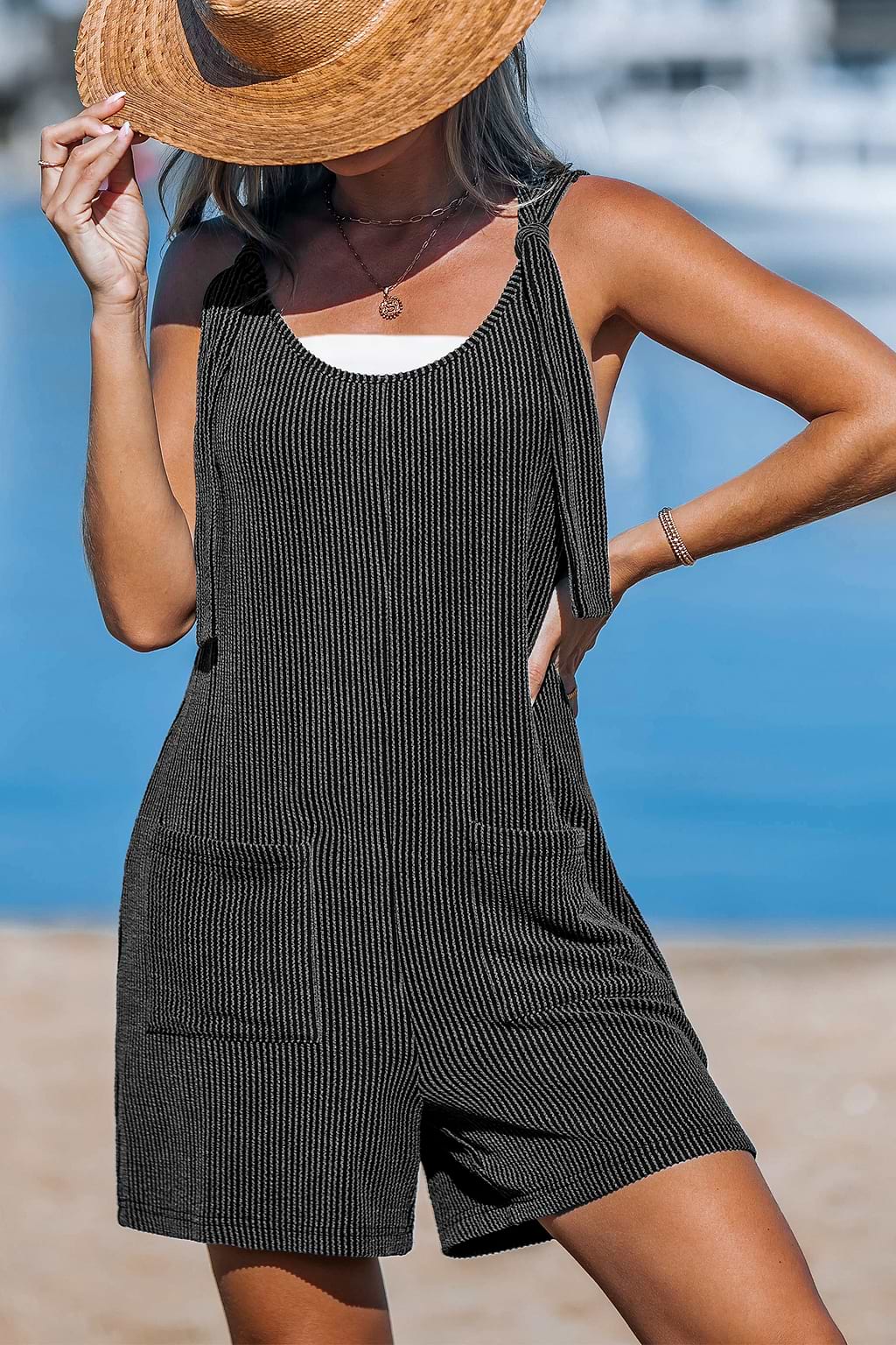 Grey Ribbed Knotted Strap Straight Leg Romper