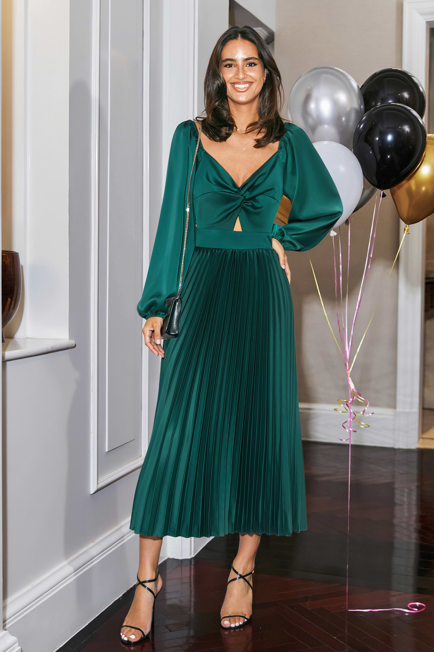 etoll. Jacquard puff sleeve dress グリーン ジャガードパフスリーブドレス｜パーティードレス・結婚式