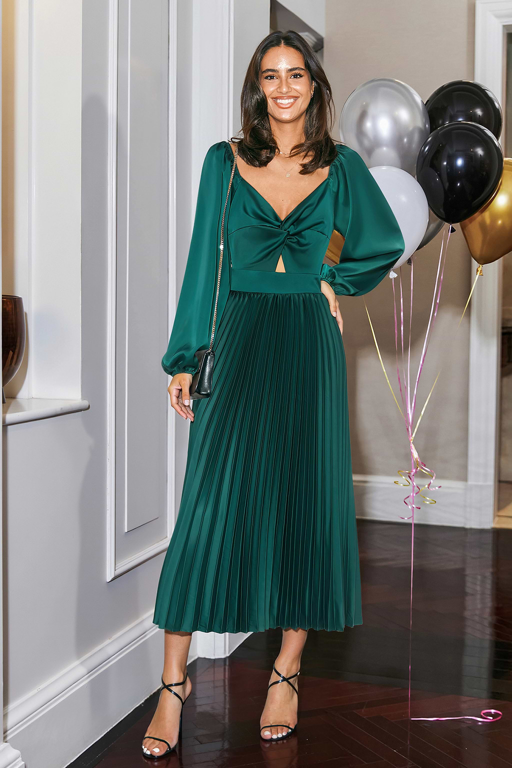 Green Satin Sweetheart Puff Sleeve Midi Dress