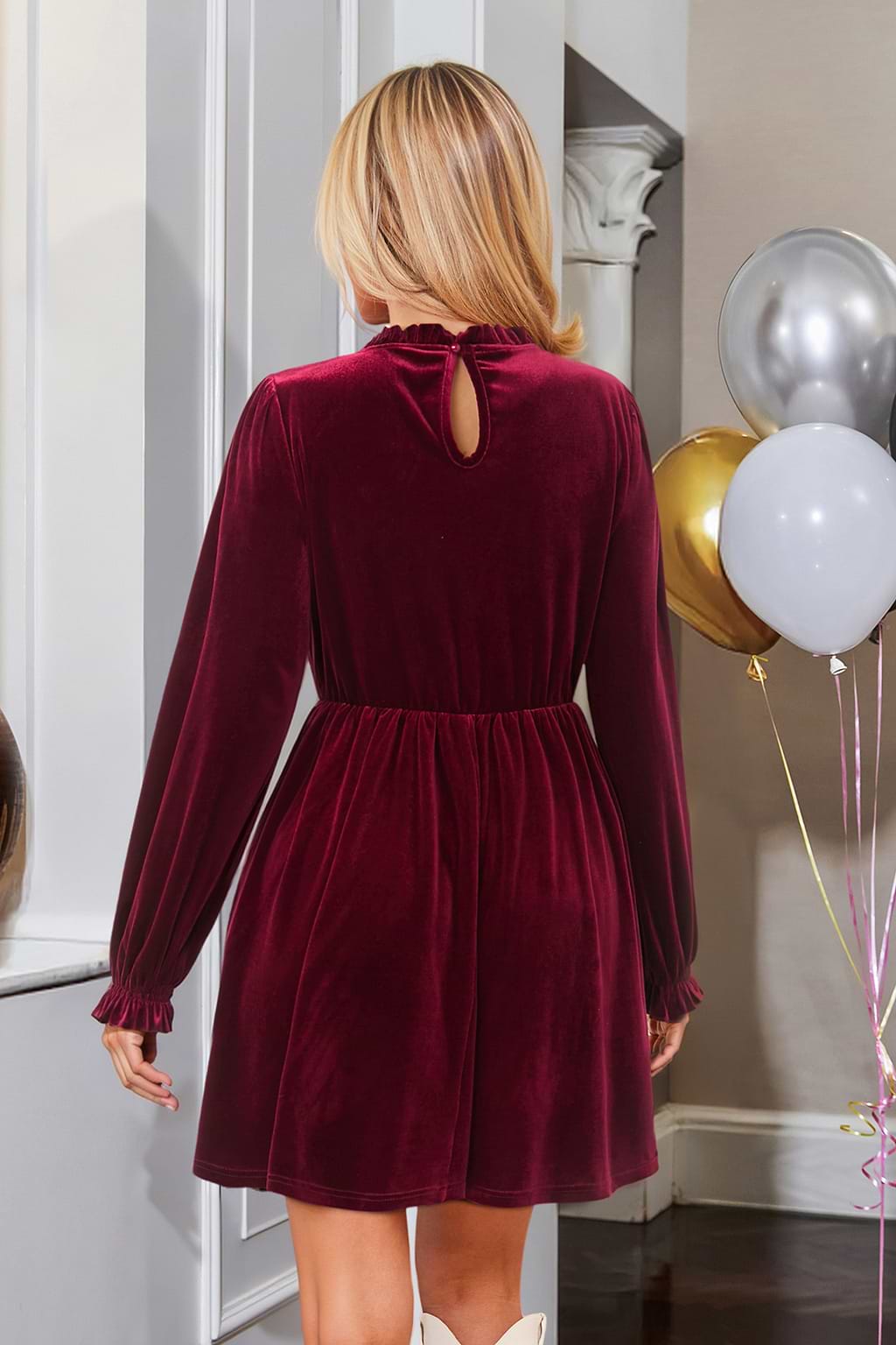 Red Velvet Long Puff Sleeve Mini Dress