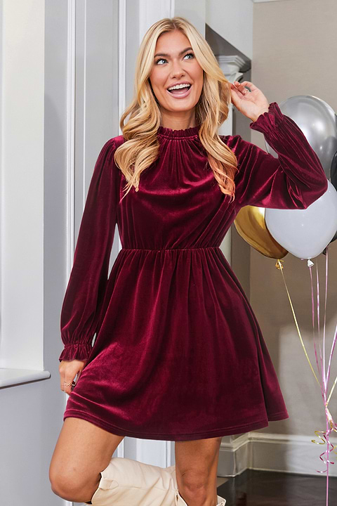 Red Velvet Long Puff Sleeve Mini Dress