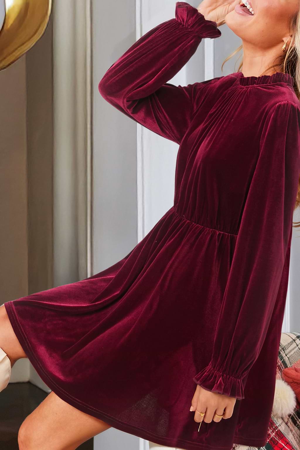 Burgundy Velvet Long Puff Sleeve Mini Dress