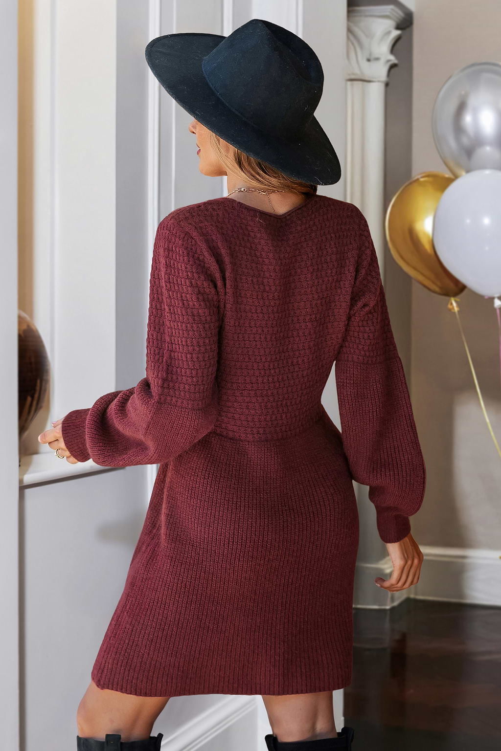 Red V-Neck Gigot Sleeve Sweater Dress