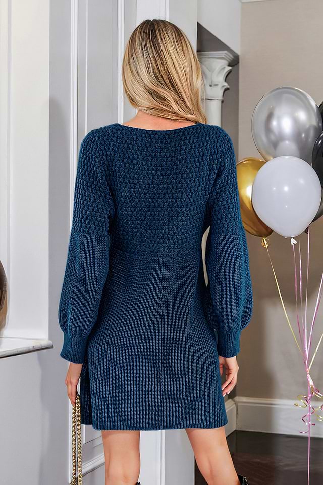 V-Neck Crochet Gigot Sleeve Sweater Dress | Effortlessly Chic