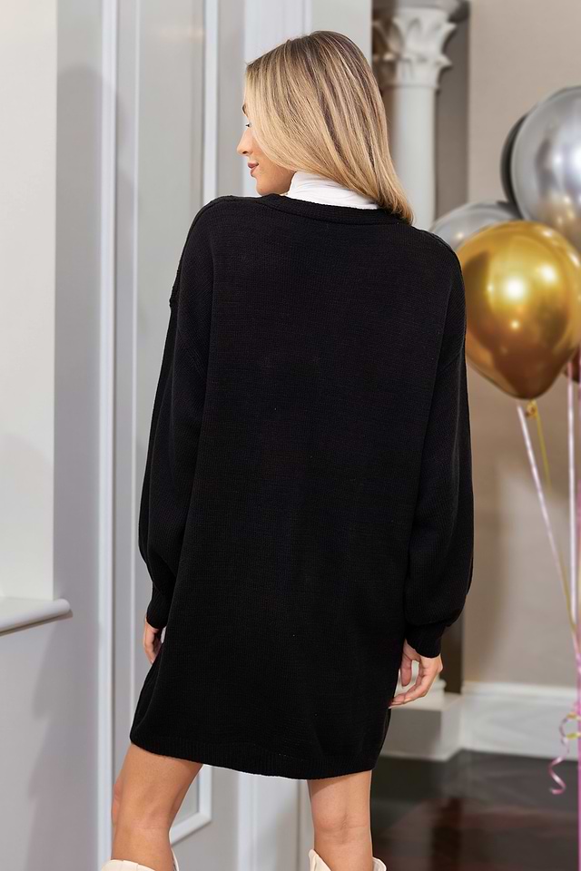 Black Beaded Long Sleeve Belted Sweater Dress | Chic & Cozy | Cupshe