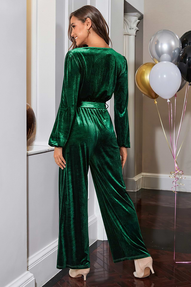 Green Velvet Long Sleeve Straight Leg Jumpsuit