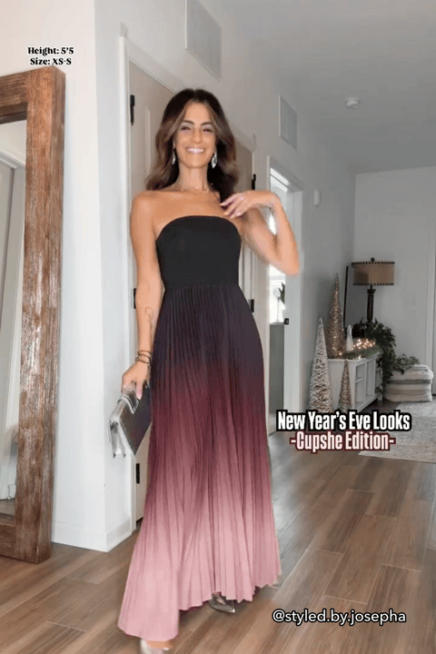 Red Ombre Strapless Pleated Maxi Dress