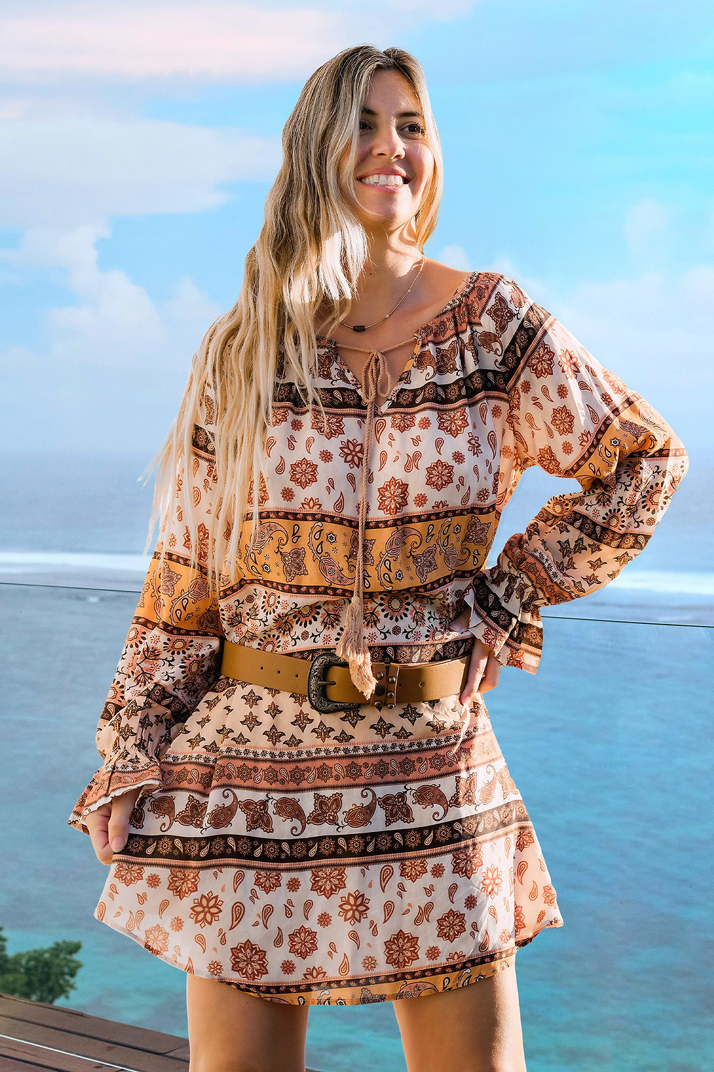 Boho Paisley Long Sleeve Mini Dress