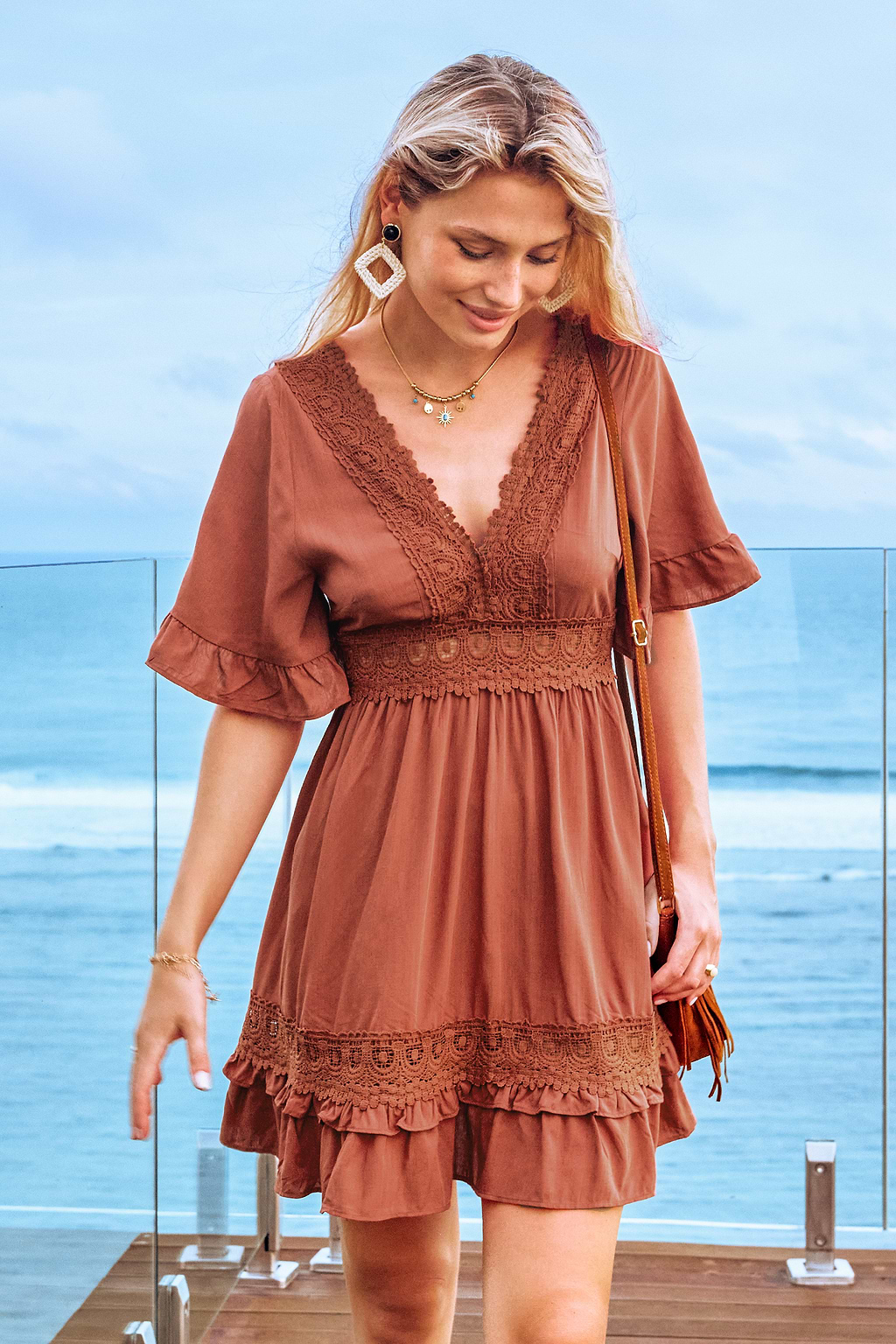 Coral Short Sleeve Ruffle Trimmed Mini Dress