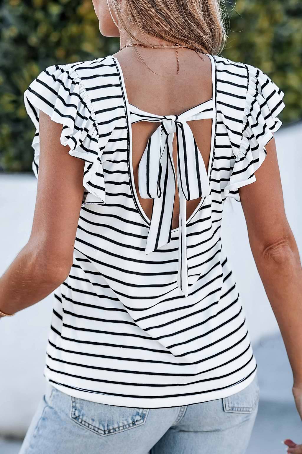 Striped V-Neck Ruffle Sleeve Bow Tee