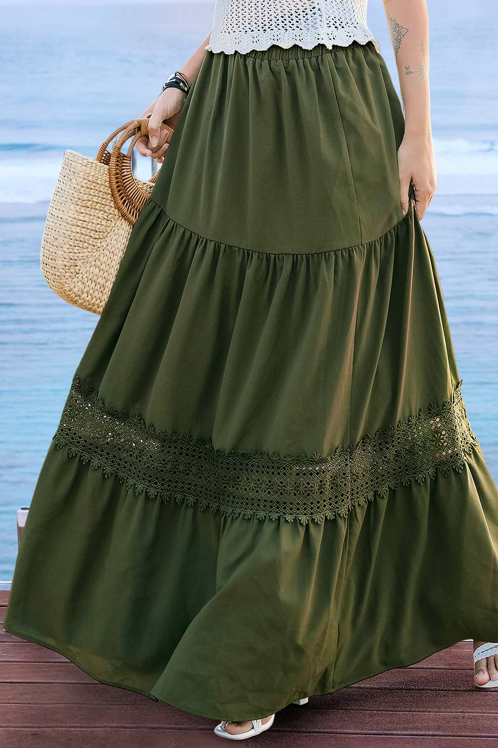 Boho Olive Ruffled Hem Maxi Skirt