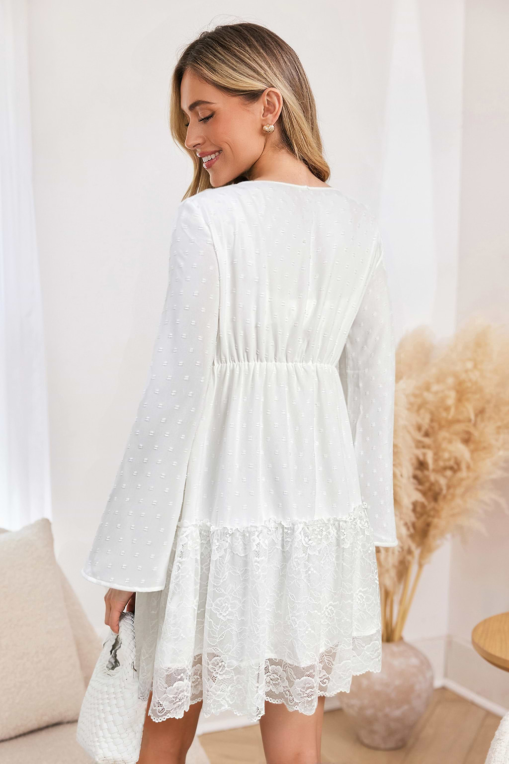 White Lace Flared Sleeve Mini Dress